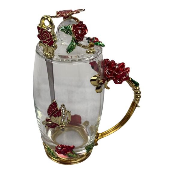 Two Butterfly Glass Tea Cups With Lid And Spoon Red & Blue Roses New In Box - Picture 9 of 11